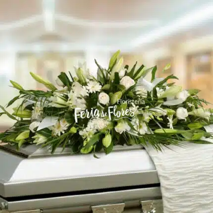 Funeral Arrangement Covers Box With White Roses and Lilies