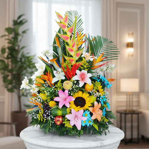 Arreglo floral tropical con girasoles, lirios, aves del paraíso y follaje verde sobre un pedestal blanco en una sala elegante