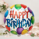Globo redondo metálico con texto Happy Birthday y globos de colores alrededor sobre fondo decorado con flores