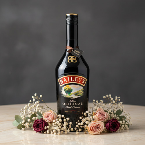 Botella de Baileys The Original Irish Cream de vidrio oscuro colocada sobre una mesa de mármol claro, rodeada en la base por flores rosadas, burdeos y ramas de paniculata blanca, con fondo gris difuminado.