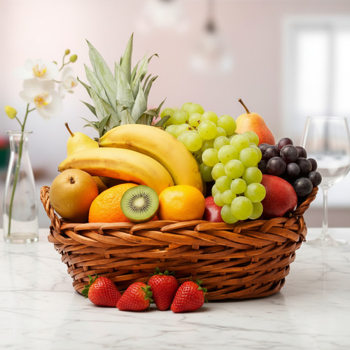 Cesta de mimbre llena de frutas frescas como plátanos, uvas, piña, naranjas, fresas y kiwi sobre una mesa de mármol en una cocina luminosa