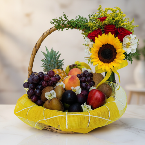 Canasta de mimbre con frutas variadas como uvas, piña, duraznos, ciruelas, kiwis y manzana roja, decorada con tela amarilla y arreglo de girasol y rosas rojas