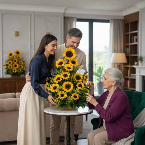 Pareja joven entrega a una mujer mayor un arreglo de girasoles sobre una mesa redonda en un salón moderno
