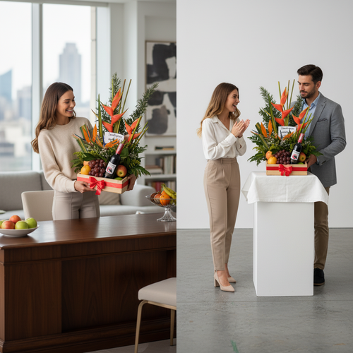 Mujer y hombre en oficina moderna presentando un arreglo de frutas, flores tropicales y botella de vino sobre una caja de madera con lazo rojo