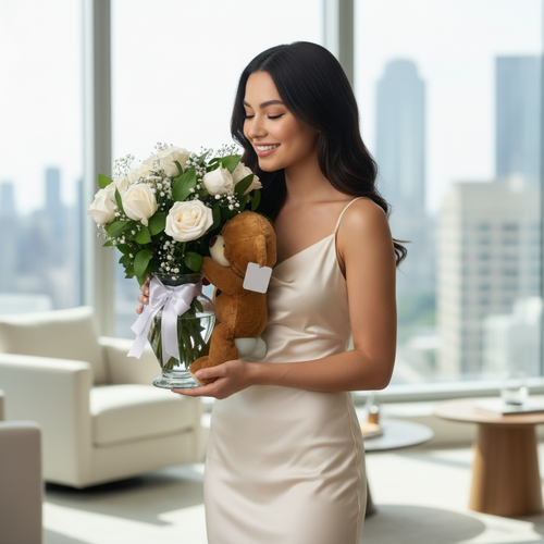 Mujer joven con vestido satinado color marfil sosteniendo un ramo de rosas blancas en un florero de vidrio y un oso de peluche marrón, en una sala de estar luminosa con ventanales y vista a la ciudad