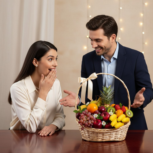 Hombre con traje azul regalando una canasta de frutas variadas a una mujer sorprendida en una mesa de madera