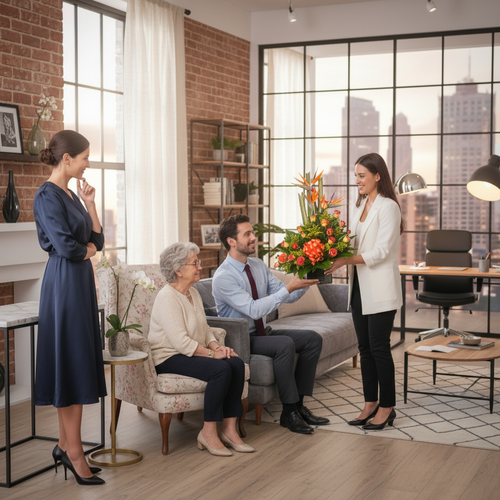 Hombre sentado en una sala de oficina moderna entregando un arreglo floral colorido a una mujer de pie, junto a otra mujer mayor sentada y una mujer de vestido azul observando