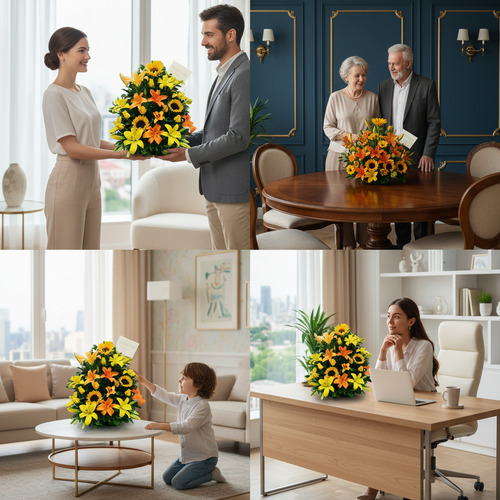 Collage de cuatro escenas con un arreglo floral de lirios amarillos y gerberas naranjas sobre mesa en manos de una pareja joven, una pareja mayor, un niño en el salón y una mujer trabajando en oficina en casa