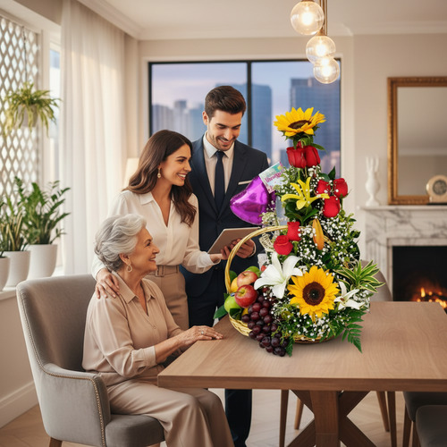 Mujer mayor sentada en una mesa de comedor junto a una pareja joven de pie, todos mirando una tablet, con un gran arreglo de flores y frutas sobre la mesa en una sala luminosa y moderna