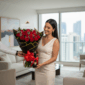 Mujer joven con vestido beige recibe un ramo de rosas rojas con tarjeta y una botella de licor decorada con lazo rojo en una sala de estar luminosa con ventanales y vista a la ciudad