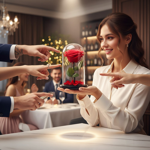 Mujer joven sonriente sostiene una rosa roja bajo campana de cristal mientras varias manos señalan la flor en un restaurante elegante