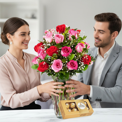 Hombre y mujer sonrientes sostienen juntos un gran ramo de rosas rojas y rosas en un jarrón de cristal sobre una mesa, con una caja de bombones dorada delante