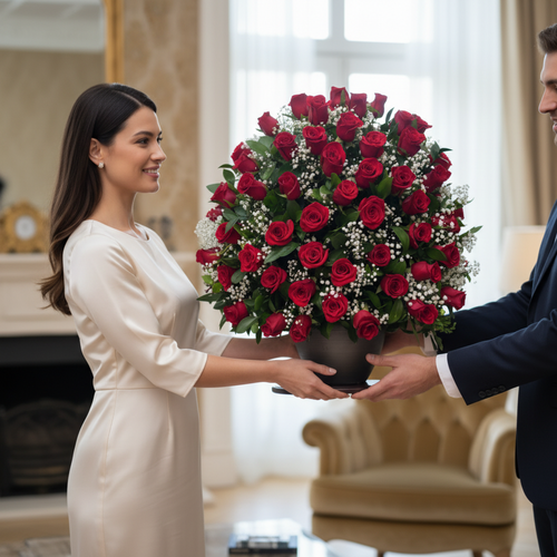 Mujer y hombre sostienen juntos un gran arreglo floral de rosas rojas y gypsophila en una sala de estar elegante