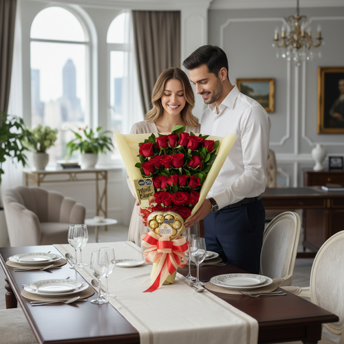 Pareja joven sonriente de pie junto a una mesa de comedor elegante, mirando un gran ramo de rosas rojas con chocolates y la ciudad de fondo a través de ventanales