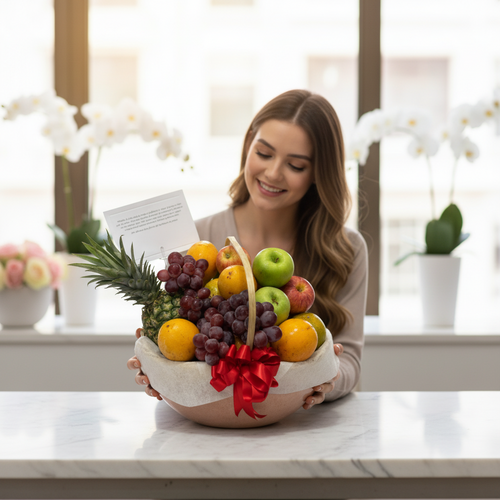 Mujer joven sonriente sosteniendo una canasta de frutas variadas con lazo rojo sobre una mesa de mármol, con ventanas grandes y orquídeas blancas de fondo