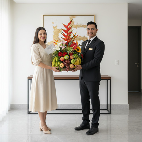Mujer joven y hombre con traje sostienen juntos un gran arreglo de frutas y flores tropicales en una sala moderna de paredes claras