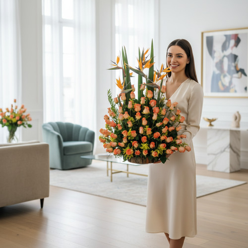 Mujer joven con vestido beige sosteniendo un gran arreglo de rosas anaranjadas y flores exóticas en una sala de estar luminosa y moderna