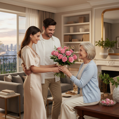 Pareja joven regala un ramo de rosas rosas a una mujer mayor sonriente sentada en una sala de estar luminosa y elegante con vista a la ciudad