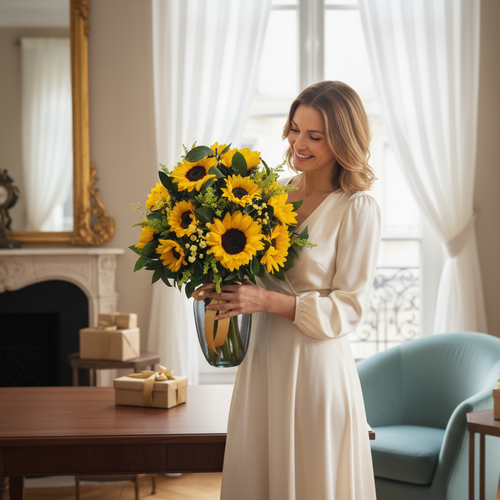 Mujer sonriente con vestido blanco sosteniendo un gran ramo de girasoles en un jarrón de cristal dentro de una sala luminosa y elegante