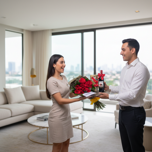 Hombre y mujer jóvenes frente a frente en una sala de estar luminosa, el hombre entrega un ramo de rosas rojas y una caja de regalo a la mujer