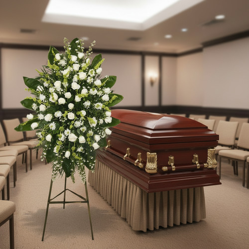 Arreglo floral funerario de flores blancas sobre caballete metálico al lado de un ataúd de madera barnizada en una sala de velatorio con filas de sillas beige