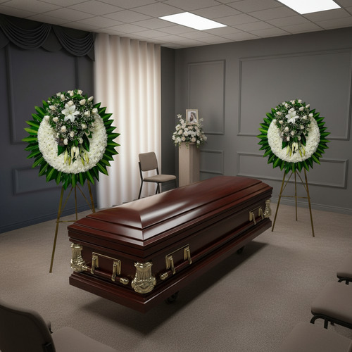 Ataúd de madera barnizada con herrajes dorados en una sala de velatorio, flanqueado por dos coronas de flores blancas y verdes sobre trípodes