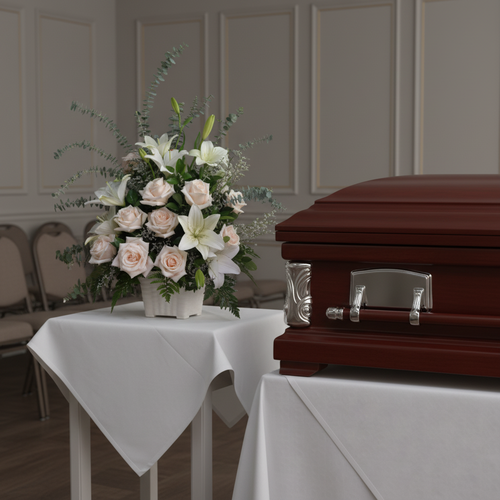 Ataúd de madera oscura junto a un arreglo de flores blancas y rosas sobre mesas cubiertas con manteles blancos en una sala de velatorio